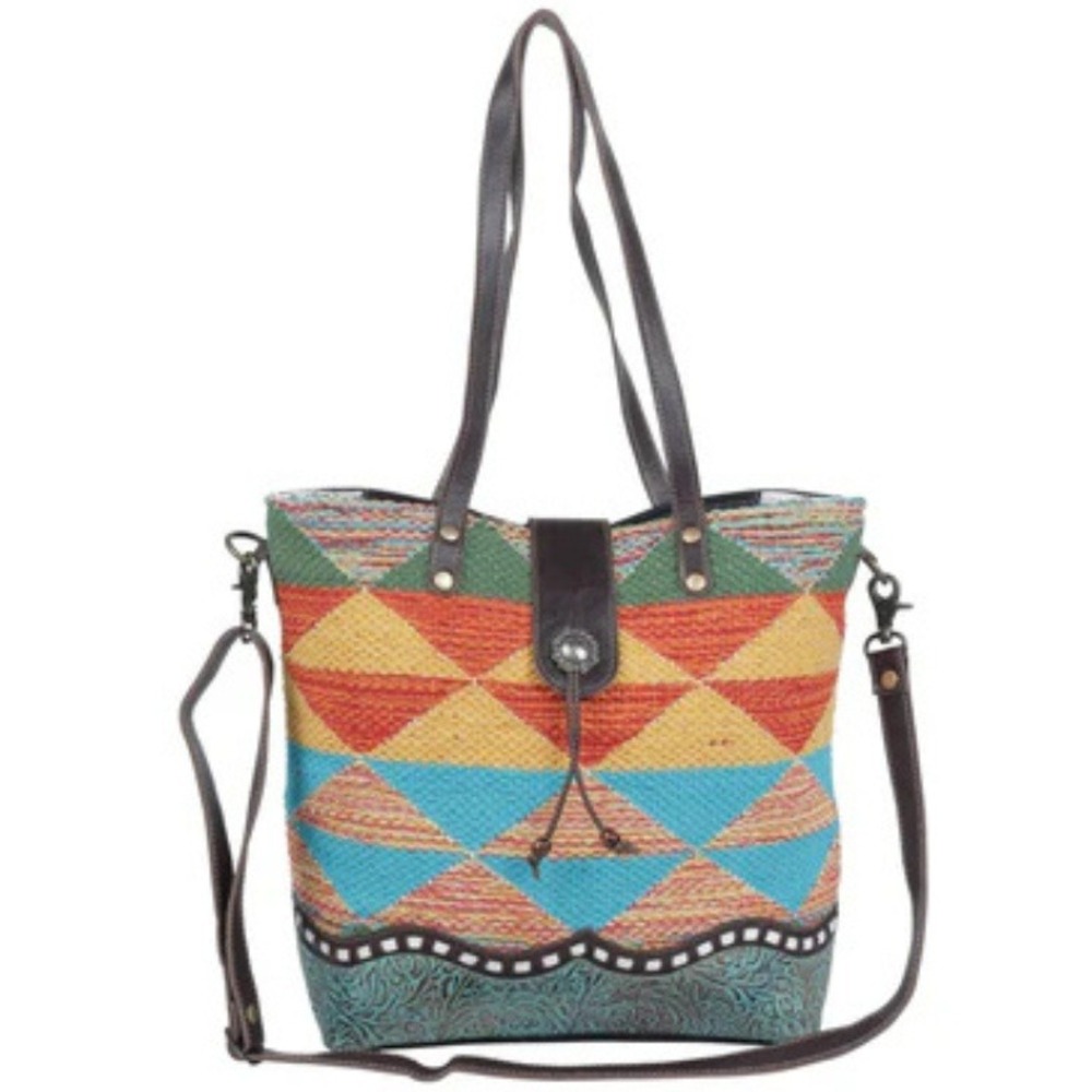 Myra Bag Geometric Tribal Tote Satchel Crossbody Brown‎ Leather Accents